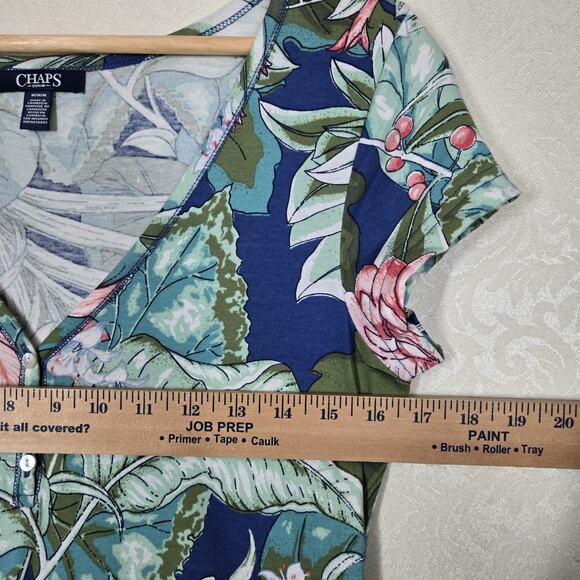 Chaps Maxi Dress sz M Green Blue Multi Floral 100% Cotton Knit V Neck Tropical - Picture 9 of 12